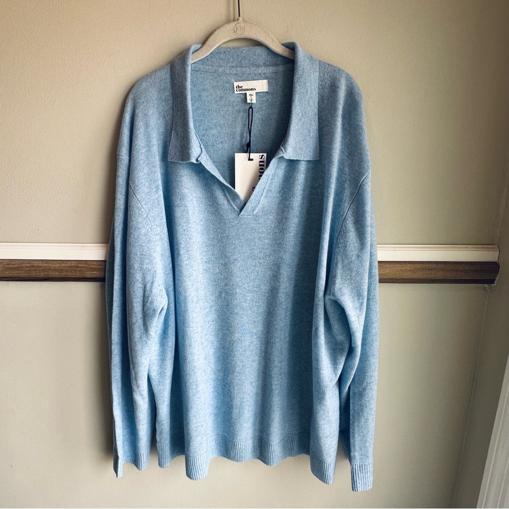 The Commons Johnny Collar 100% Cashmere Polo Sweater Seafoam Blue